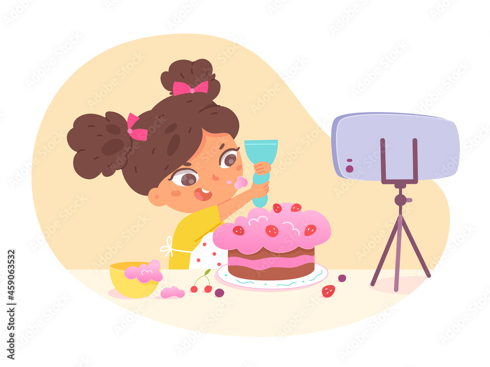 Girl food blogger cooking sweet cake shooting video use smartphone vector illustration Girl food blogger cooking sweet cake shooting video use smartphone vector illustration