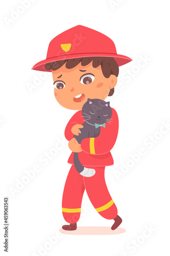 Kid firefighter rescuing cat, boy fireman in red costume holding pet animal to rescue