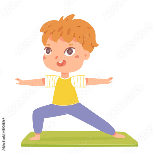 Cute boy doing yoga sport exercise, healthy lifestyle activity, exercising in gym