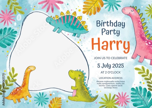 hand painted watercolor dinosaur birthday invitation template with photo vector design illustration