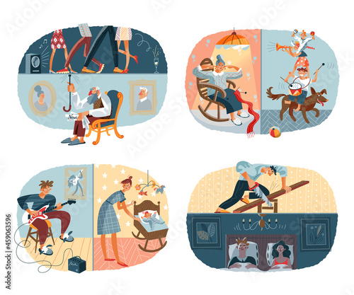 Loud noisy neighbours set. Problems in neighbouring apartments at home vector illustration. Party and old man, annoyed woman and music, playing guitar and distracting child, construction work photo