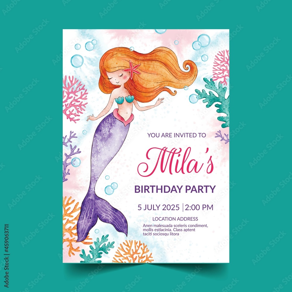 hand painted watercolor mermaid birthday invitation template vector hand painted watercolor mermaid birthday invitation template vector