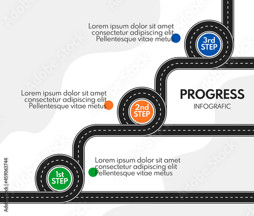 3 steps or milestones with roar line, progress or timeline infographics vector template