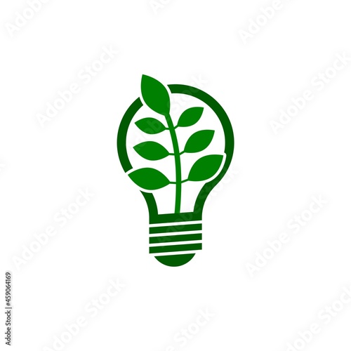 Electric light bulb with green leaves icon isolated on white background