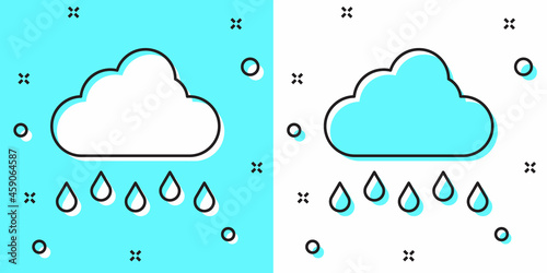 Black line Cloud with rain icon isolated on green and white background. Rain cloud precipitation with rain drops. Random dynamic shapes. Vector