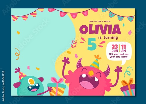 cartoon monster birthday invitation template with photo vector design illustration