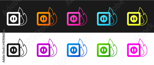 Set Electric wiring of socket in fire icon isolated on black and white background. Electrical safety concept. Plug outlet on fire. Vector