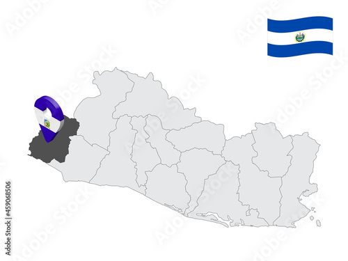 Location of  Ahuachapan Department on map El Salvador. 3d location sign similar to the flag of Ahuachapan. Quality map  with  provinces of  El Salvador for your design. EPS10 photo