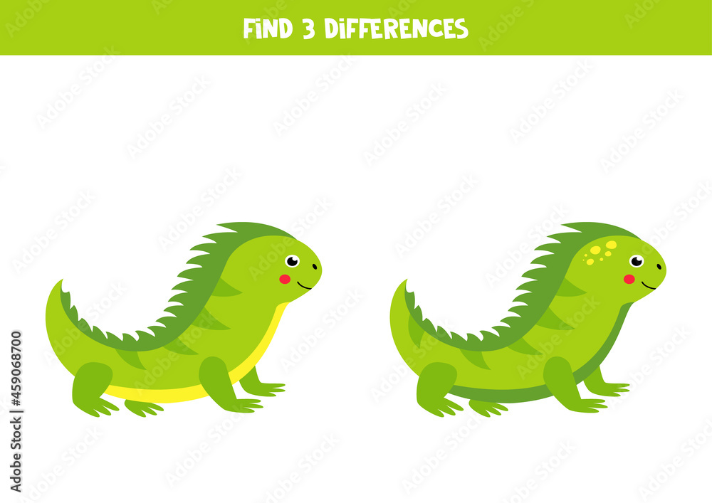Obraz premium Find 3 differences between two cartoon green iguanas.