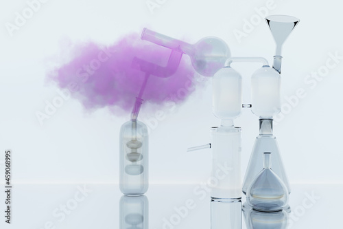 Laboratory glassware, flasks and test tubes, connected in an intricate way, shrouded in pink smoke. 3d rendering