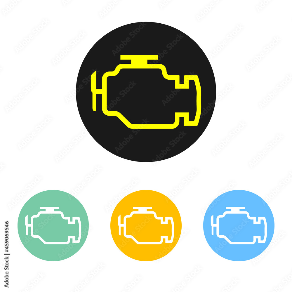 Check engine light set. Malfunction indicator lamp. Vector illustration of  car dashboard lamp collection. Indicator isolated on white background.  Gauge shows broken motor. Stock Vector | Adobe Stock
