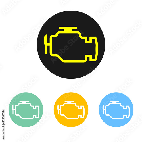 Check engine light set. Malfunction indicator lamp. Vector illustration of car dashboard lamp collection. Indicator isolated on white background. Gauge shows broken motor.