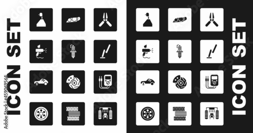 Set Car battery jumper power cable, spark plug, Paint spray gun, Gear shifter, Windscreen wiper, headlight, Multimeter and Broken car icon. Vector