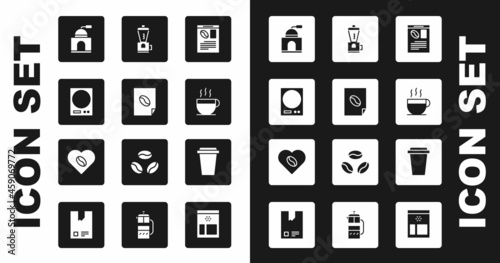 Set Newspaper and coffee, Coffee poster, Electronic scales, Manual grinder, cup, Electric, to go and Lovers icon. Vector