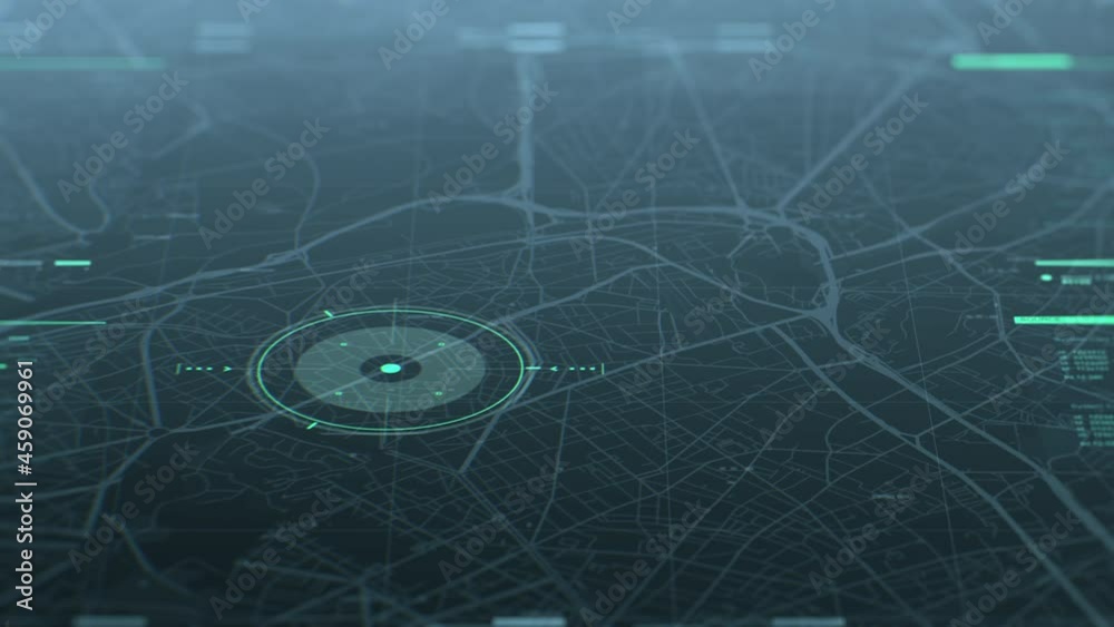 Security spy program interface. Dynamic modern HUD. GPS location tracking or scanning futuristic software. Marker, indicator moving on the map. Satellite view. Hi-tech. 3D Render 4K animation concept