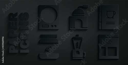 Set Electric coffee grinder, Coffee book, jar bottle, Bag beans, Manual and Electronic scales icon. Vector
