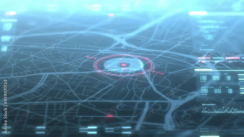 Security spy program interface. Dynamic modern HUD. GPS location tracking or scanning futuristic software. Marker, indicator moving on the map. Satellite view. Hi-tech. 3D Render 4K animation concept