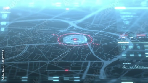 Security spy program interface. Dynamic modern HUD. GPS location tracking or scanning futuristic software. Marker, indicator moving on the map. Satellite view. Hi-tech. 3D Render 4K animation concept