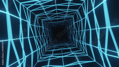 3d technology tunnel, infinite loop animation, blue neon wireframe, retro background animation. Concept of information technology and cryptocurrencies in motion graphics.