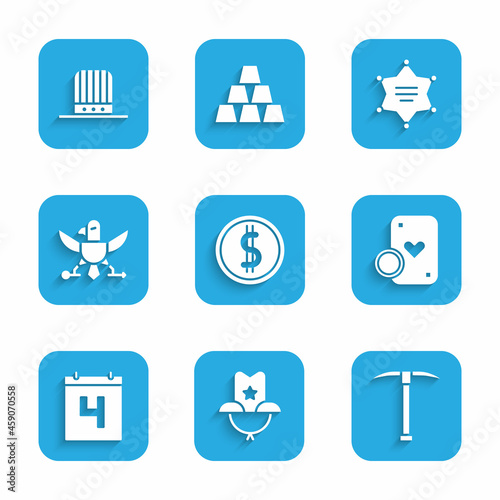 Set Coin money with dollar, Western cowboy hat, Pickaxe, Casino chip and playing cards, Calendar date July 4, Eagle, Hexagram sheriff and Patriotic American top icon. Vector