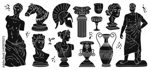 Ancient greek marble statues, vase and helmet, horse and Aphrodite, columns and olive oil branches isolated icons silhouettes set. Vector Greece and Roman culture symbols mythical man and woman