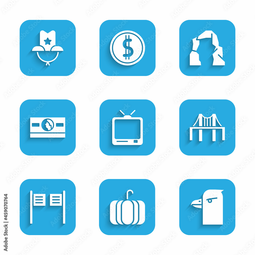 Set Retro tv, Pumpkin, Eagle head, Golden gate bridge, Saloon door, Stacks paper money cash, Grand canyon and Western cowboy hat icon. Vector Set Retro tv, Pumpkin, Eagle head, Golden gate bridge, Saloon door, Stacks paper money cash, Grand canyon and Western cowboy hat icon. Vector