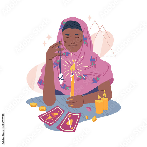 Fortune teller supernatural paranormal soothsayer mystic medium girl fortune-telling on stone and tarot cards isolated flat cartoon character. Vector destiny predicting gypsy woman, burning candle