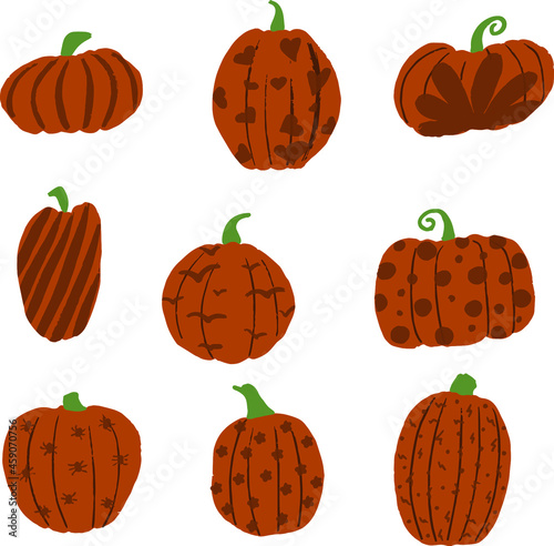Set of brush drawn pumpkins with different patterns