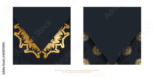Greeting card in black color with abstract gold pattern prepared for printing.