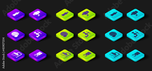 Set Shower head, Water cooler, Earth planet in water drop, tap, Mechanical pump for and Bottle of icon. Vector