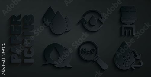 Set Chemical formula for H2O, Water cooler, drop with speech bubbles, Recycle clean aqua, and icon. Vector