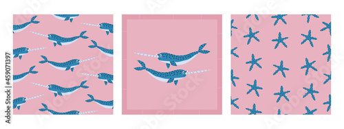 Photography Cute cartoon blue narwhals and sea stars
