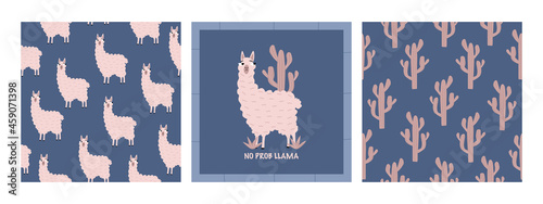 Cute fluffy llama with funny eyes and cactus."No probllama" hand drawn vector illustration. Pink Peruvian alpaca adorable animal character. Set of seamless pattern for children.