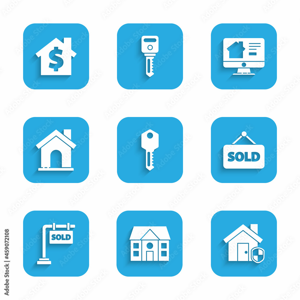 Set House key, under protection, Hanging sign with text Sold, Online real estate house and dollar symbol icon. Vector