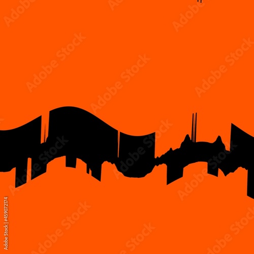black silhouette wavy continuous city skyline on a bright orange coloured plain background in square format