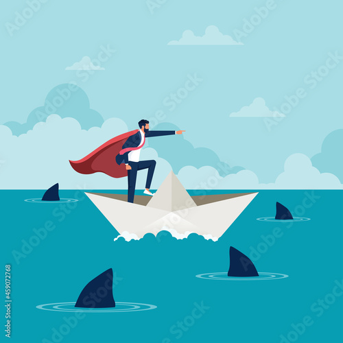 Super businessman on a paper boat, Business leadership and goal, objective oriented concept