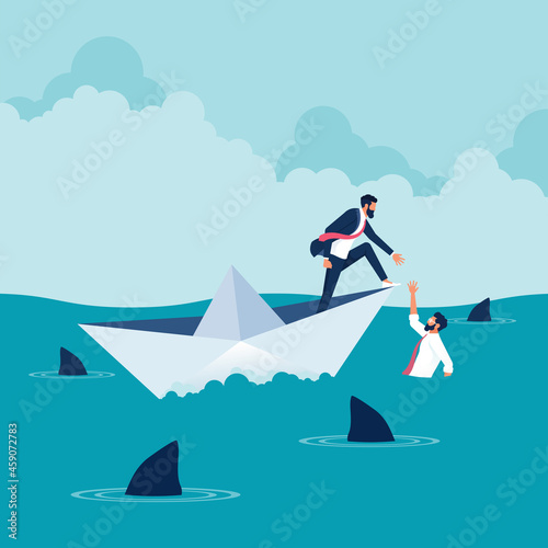 Businessman on paper boat in ocean helping other businessman, Business teamwork concept-helping and support