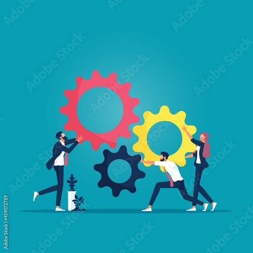 Business teamwork vector concept with business team pushing gears together. Symbol of cooperation, collaboration, technology, success

