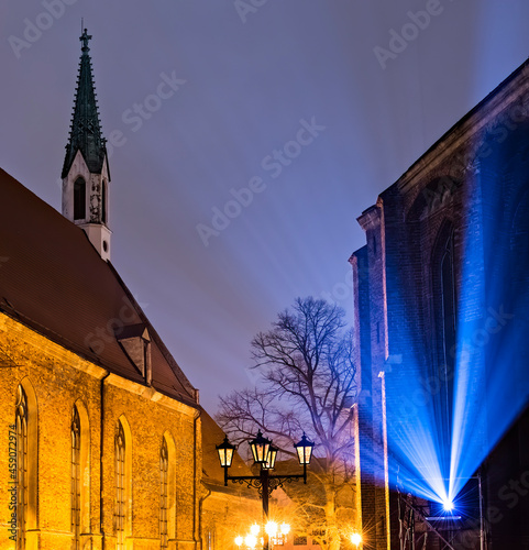 Night view on Evangelical Lutheran Church of Saint John the Baptist in old Ri...