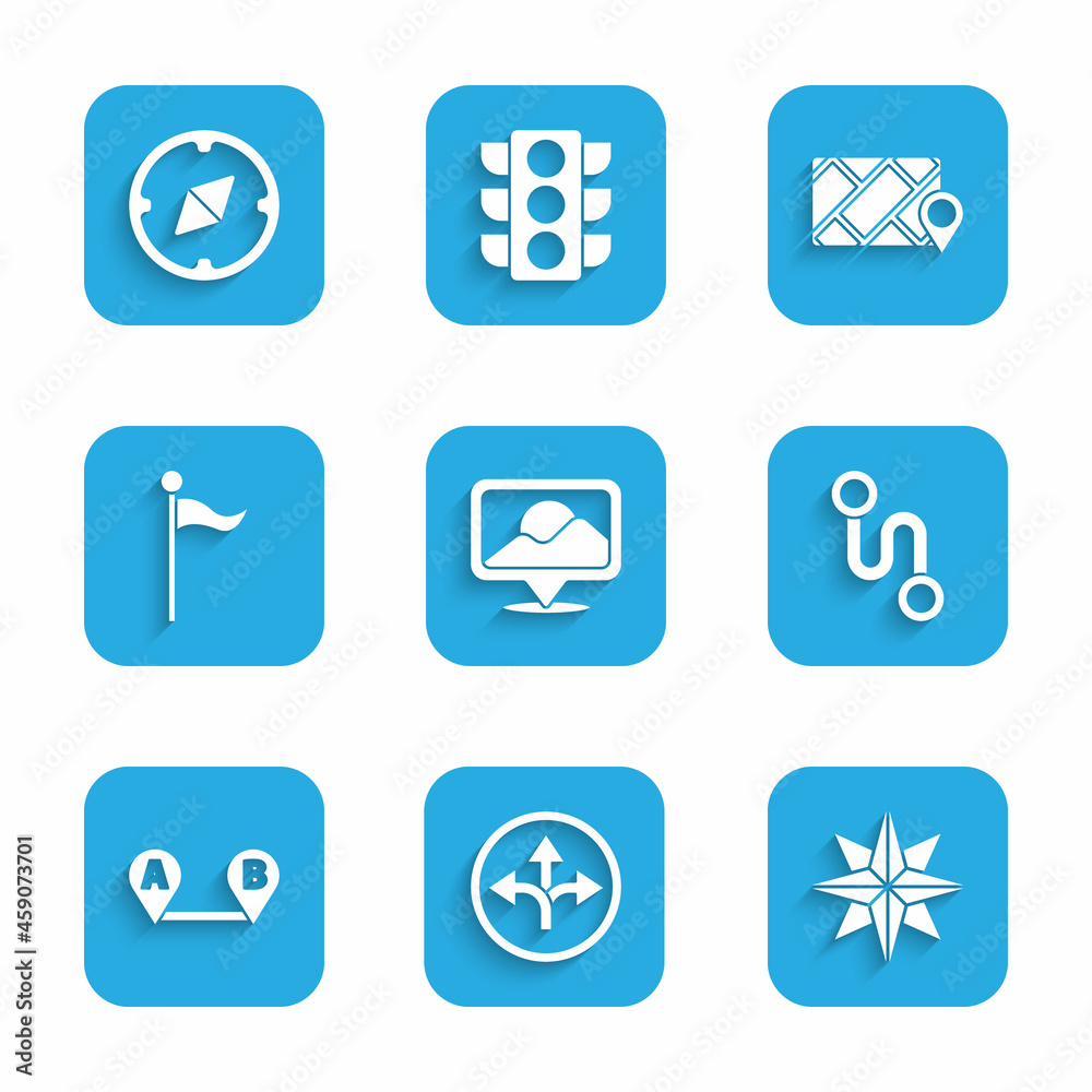 Set Location, Road traffic sign, Wind rose, Route location, marker, City map navigation and Compass icon. Vector Set Location, Road traffic sign, Wind rose, Route location, marker, City map navigation and Compass icon. Vector