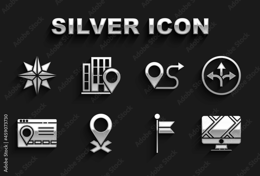Fototapeta premium Set Location, Road traffic sign, Monitor with location marker, Infographic of city map navigation, Route, Wind rose and house icon. Vector