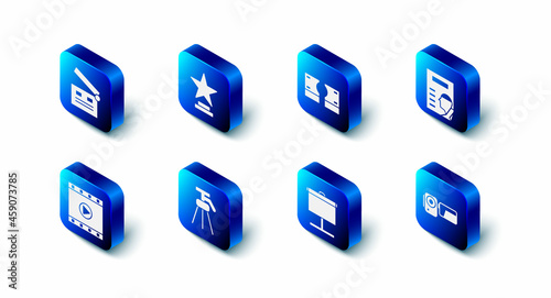 Set Movie trophy, Stacks paper money cash, Cinema poster, camera, Projection screen, Tripod, Play Video and clapper icon. Vector