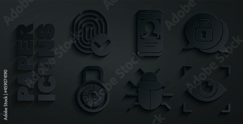 Set System bug, Cyber security, Safe combination lock, Eye scan, Mobile and face recognition and Fingerprint icon. Vector
