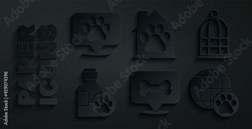 Set Dog bone, Cage for birds, Pet shampoo, World pet, house and Location veterinary icon. Vector
