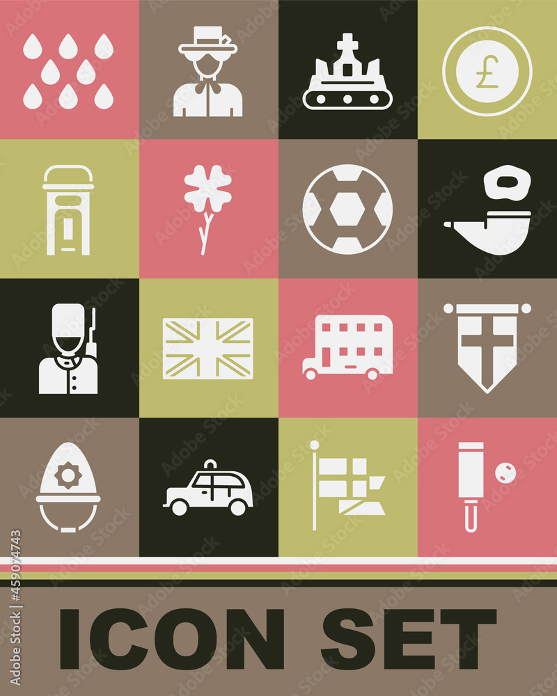 Set Wood cricket bat and ball, England flag on pennant, Smoking pipe, British crown, Four leaf clover, London phone booth, Water drop and Football icon. Vector Set Wood cricket bat and ball, England flag on pennant, Smoking pipe, British crown, Four leaf clover, London phone booth, Water drop and Football icon. Vector
