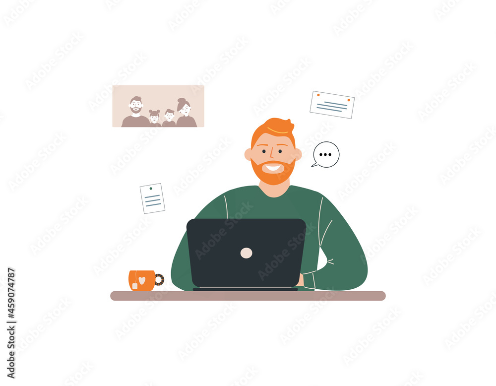 Red-haired man tutor work on laptop.Remote work, distance E-learning or online training during virus epidemic.Busy guy trainer or coach conduct webinar or workshop.Vector colourful illustration