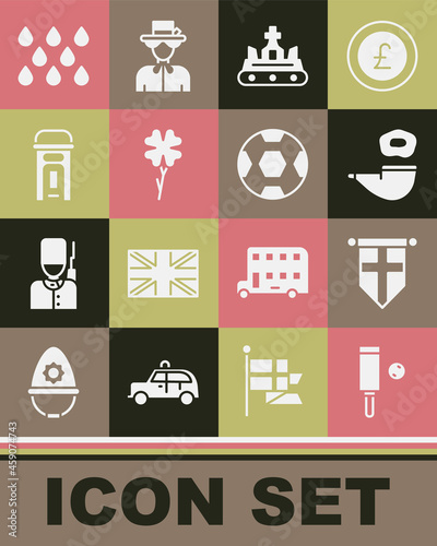Set Wood cricket bat and ball, England flag on pennant, Smoking pipe, British crown, Four leaf clover, London phone booth, Water drop and Football icon. Vector
