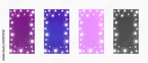 Christmas Backgrounds. New Year templates with place for text. Magical sparkling frame with shining twinkling stars. Glowing particles on purple, blue, pink and black. Vertical screen format