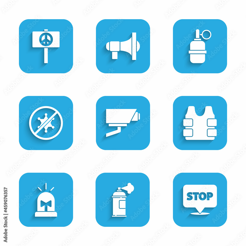 Set Security camera, Paint spray can, Protest, Bulletproof vest, Flasher siren, Hand grenade and Peace icon. Vector Set Security camera, Paint spray can, Protest, Bulletproof vest, Flasher siren, Hand grenade and Peace icon. Vector