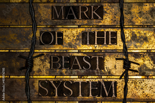 Mark of the Beast System text on textured grunge copper and vintage gold background